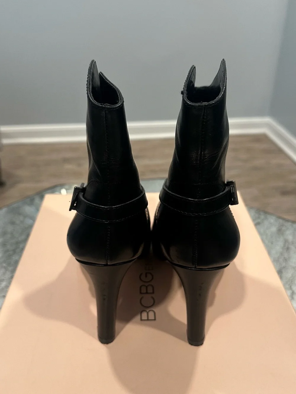BCBG Black Leather Pointed-Toe Ankle Booties with Buckle Strap - Picture 5 of 7